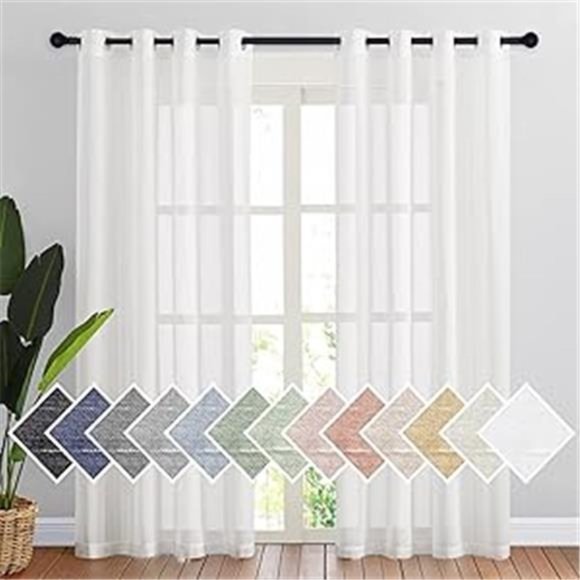 White Sheer Linen Curtains for Living Room 84 inch Length 2 Panels Set, Grommet - Picture 7 of 7